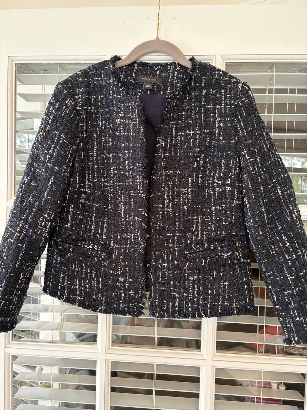 Ann Taylor Black Tweed & Blue Fringe-Trim Blazer